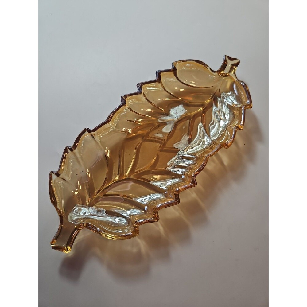 VTG Jeanette Marigold Carnival Glass Leaf Design Nut/Candy/Pastry/Cheese Dish